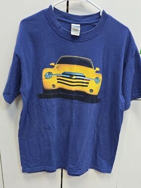 Gildan Blue T-Shirt with Yellow Car Graphic